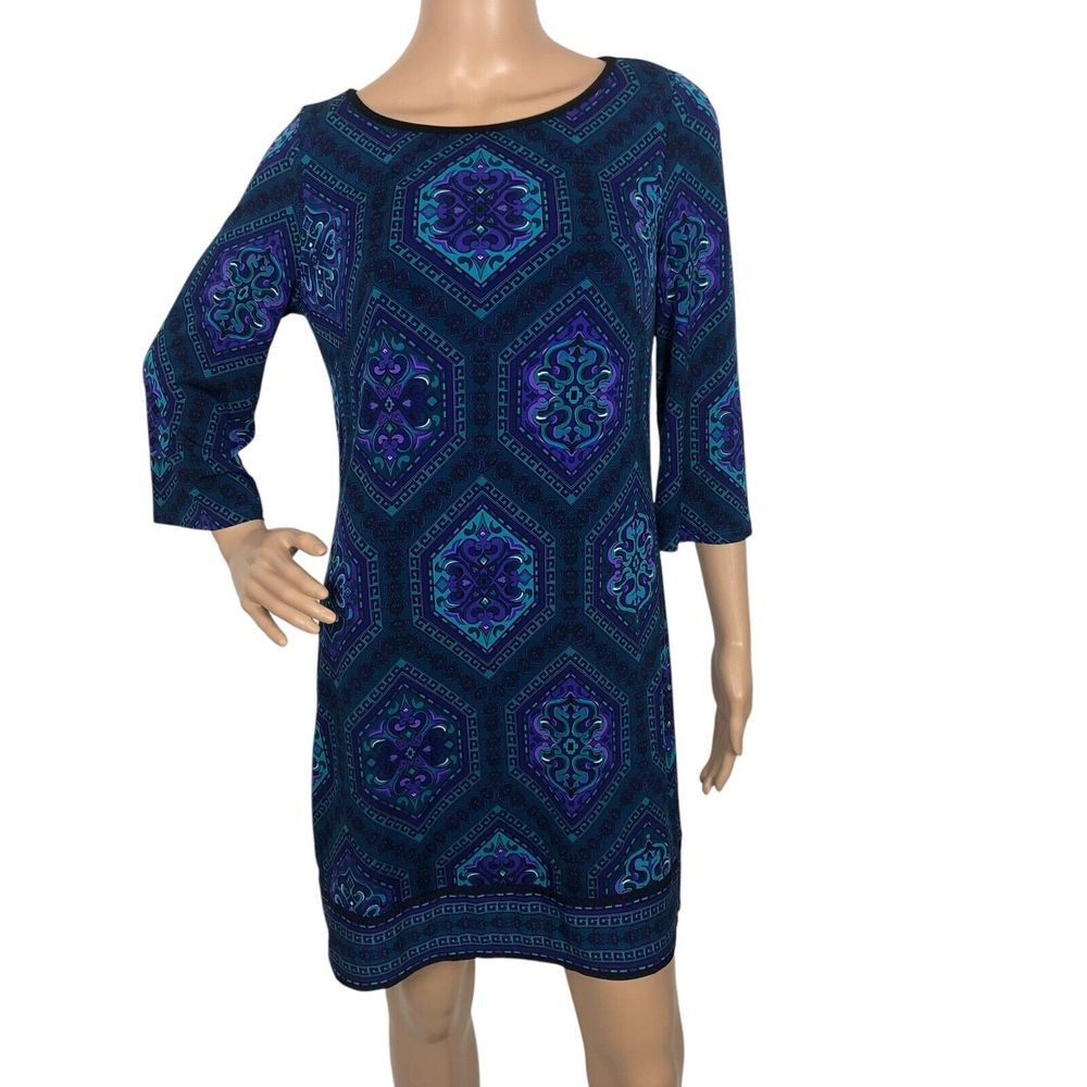 Laundry Shelli Segal Boho Multicolor‎ Print Shift Dress Size PS Sheath Party 70s